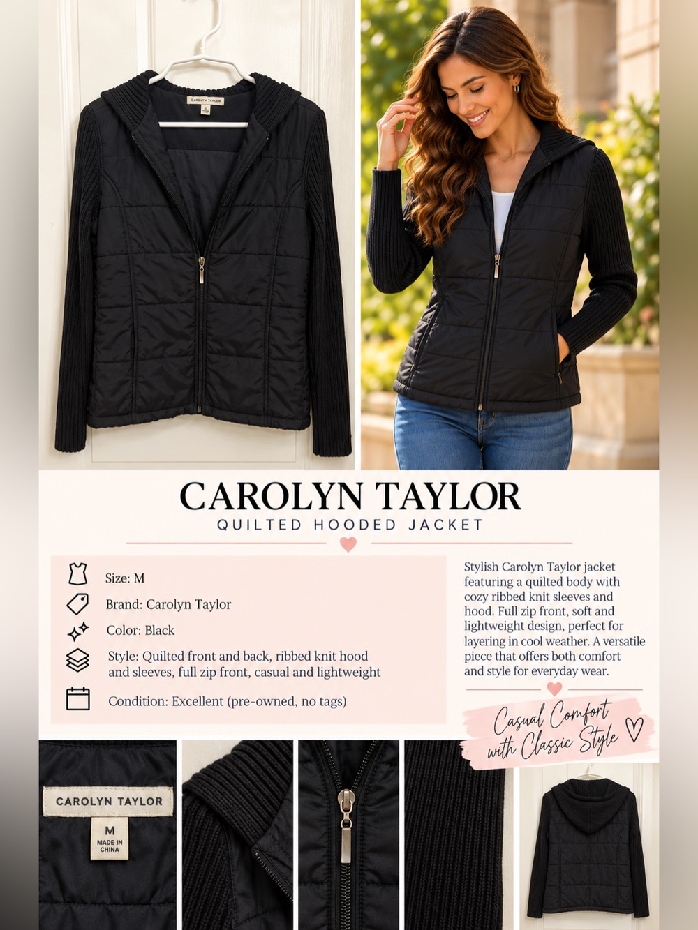 Carolyn Taylor Black Quilted Hooded Bomber Jacket